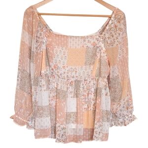 Pink Rose Patchwork Peasant Top L Off Shoulder Sheer Sleeve Boho Fairy